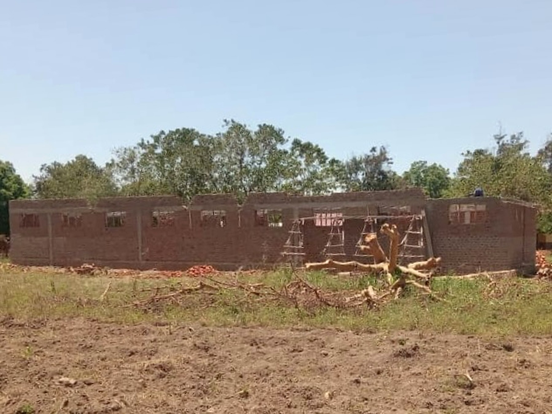The dormitory walls seen from a distance, framed by trees